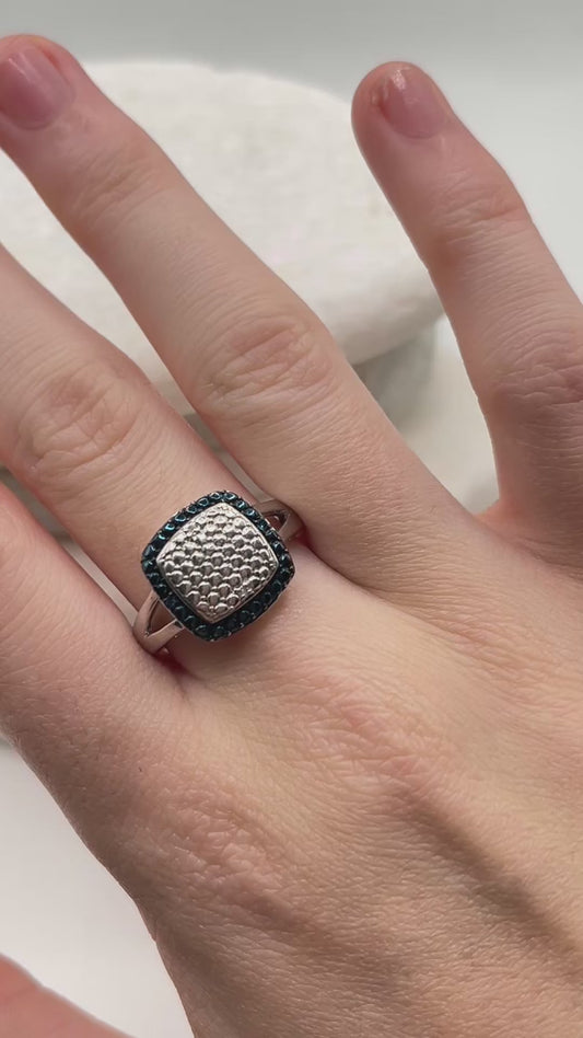 Vintage 925 Sterling Silver Square Blue and White Diamond Ring - Size O