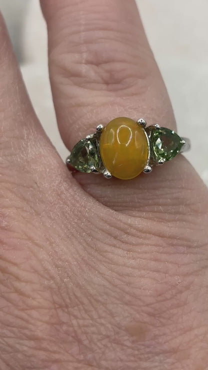 925 Sterling Silver Opal and Green Tourmaline Trilogy Ring - Size J