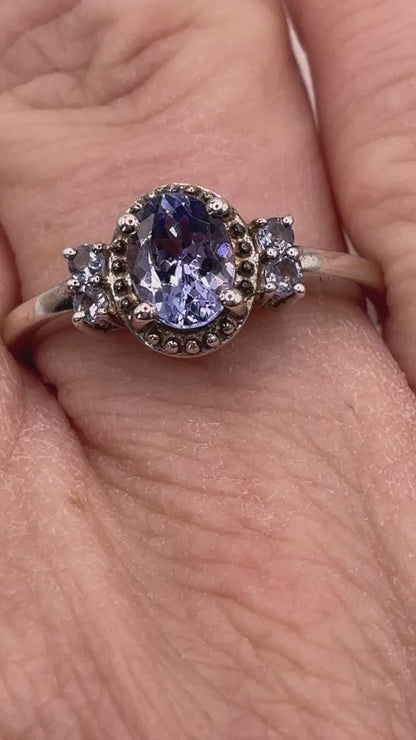 925 Sterling Silver Tanzanite Trilogy Style Ring - Size