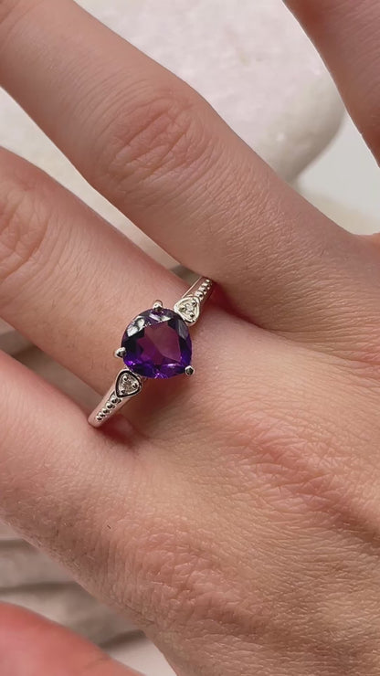 925 Sterling Silver Gilded Amethyst Faceted Triangle Ring - Size R