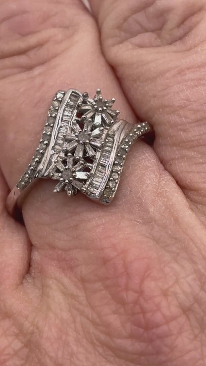 925 Sterling Silver Full Diamond Floral Ring - Size U
