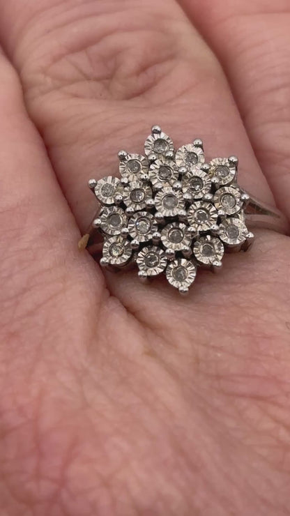 925 Sterling Silver Diamond Cluster Ring with Silver Etched Detail - UK Size P