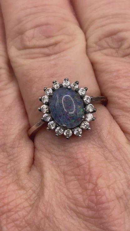 925 Sterling Silver Boulder Opal White Topaz Halo Ring Size R
