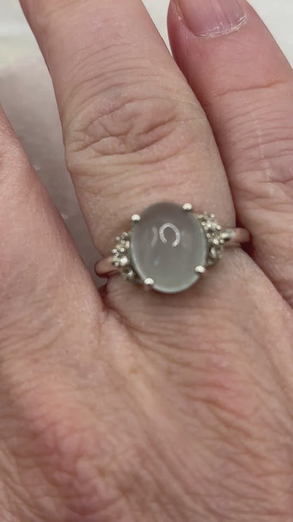 925 Sterling Silver Aquamarine Cabochon White Topaz Trilogy Ring - Size O