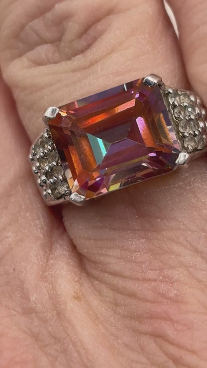 925 Sterling Silver Bi-Colour Emerald Cut Tourmaline Band Ring - Size O