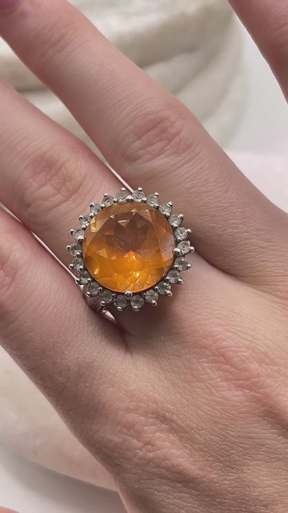 925 Sterling Silver Citrine and White Zircon Halo Ring - Size O