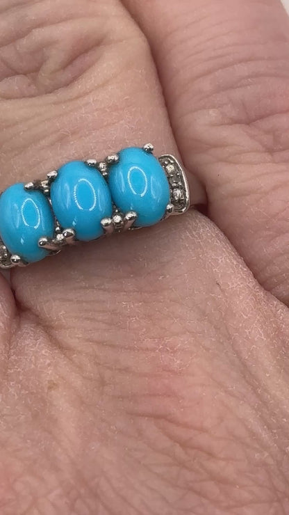 925 Sterling Silver Sleeping Beauty Turquoise Ring with White Topaz Shoulders - Size O