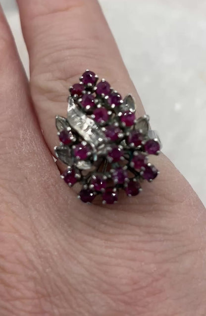 925 Sterling Silver Ruby Cluster Ring - Size M