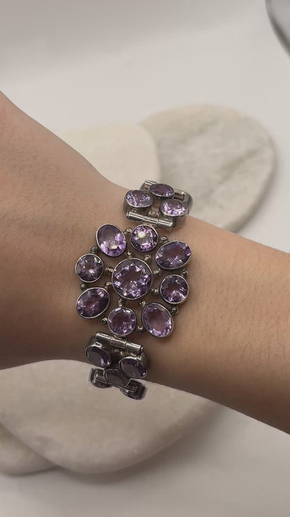Vintage 925 Sterling Silver Amethyst Statement Bracelet