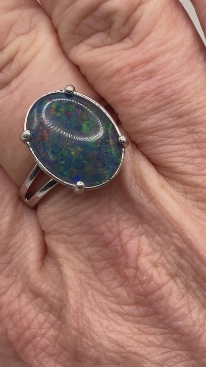 925 Sterling Silver Opal Triplet Statement Solitaire Ring - Size U
