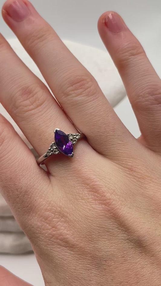 925 Sterling Silver Amethyst Marquise Ring - Size P.5