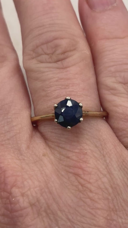 925 Sterling Silver Gilded Blue Sapphire Solitaire Ring - Size S