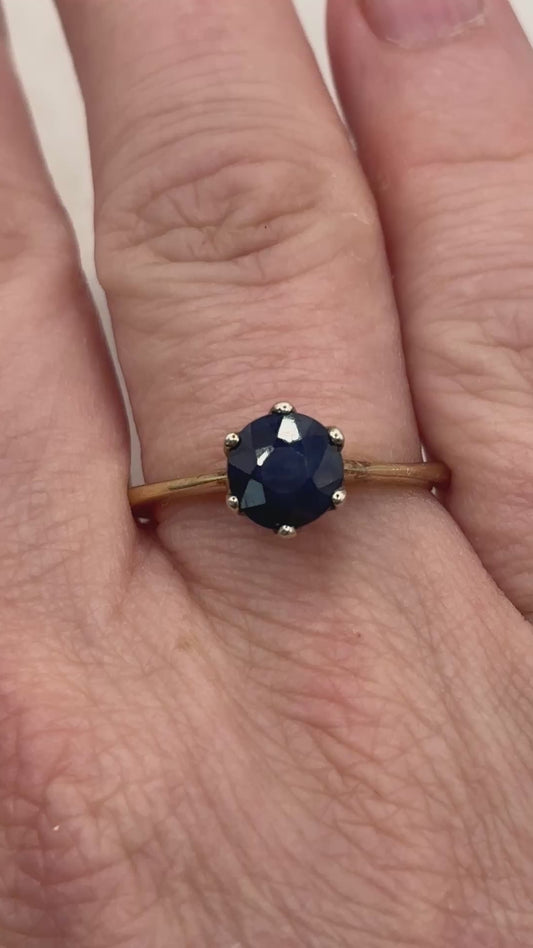 925 Sterling Silver Gilded Blue Sapphire Solitaire Ring - Size S