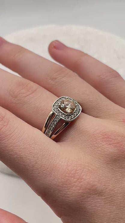 925 Sterling Silver Pink Gold Gilded Champaign Quartz Statement Ring - Size R