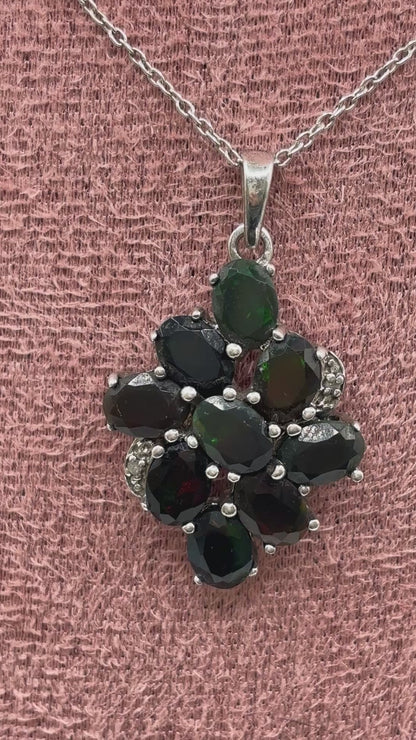 925 Sterling Silver Black Opal and Diamond Cluster Pendant