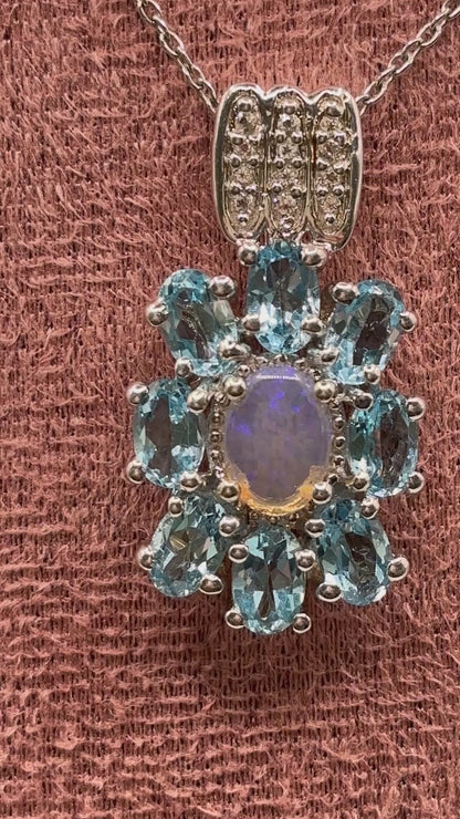 Genuine Opal & Swiss Blue Topaz Halo Pendant with Diamonds | 925 Sterling Silver | 45cm Chain | October Birthstone Necklace | One Available