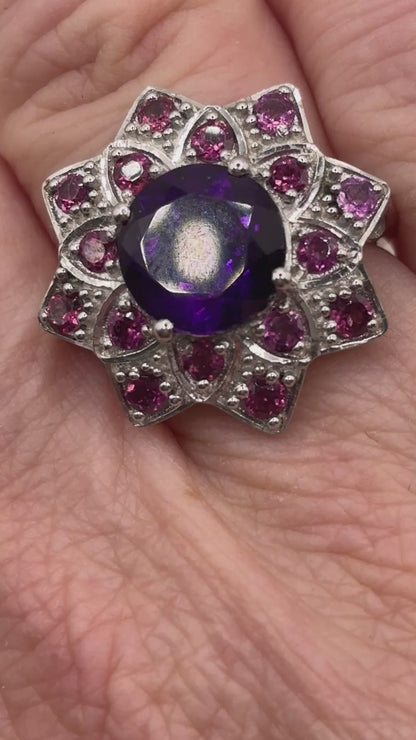 925 Sterling Silver Amethyst and Pink Tourmaline Floral Statement Ring - UK Size P