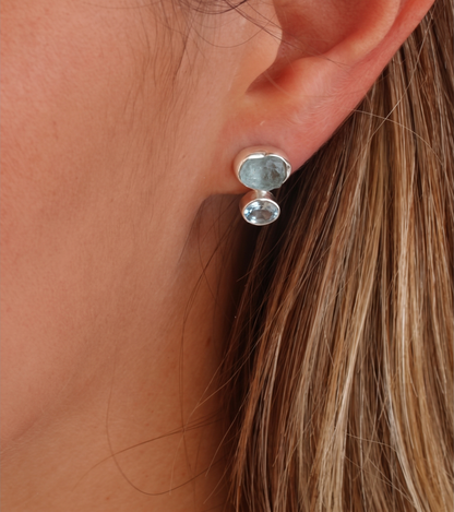 Handcrafted 925 Sterling Silver Natural Aquamarine Faceted Stud Earrings