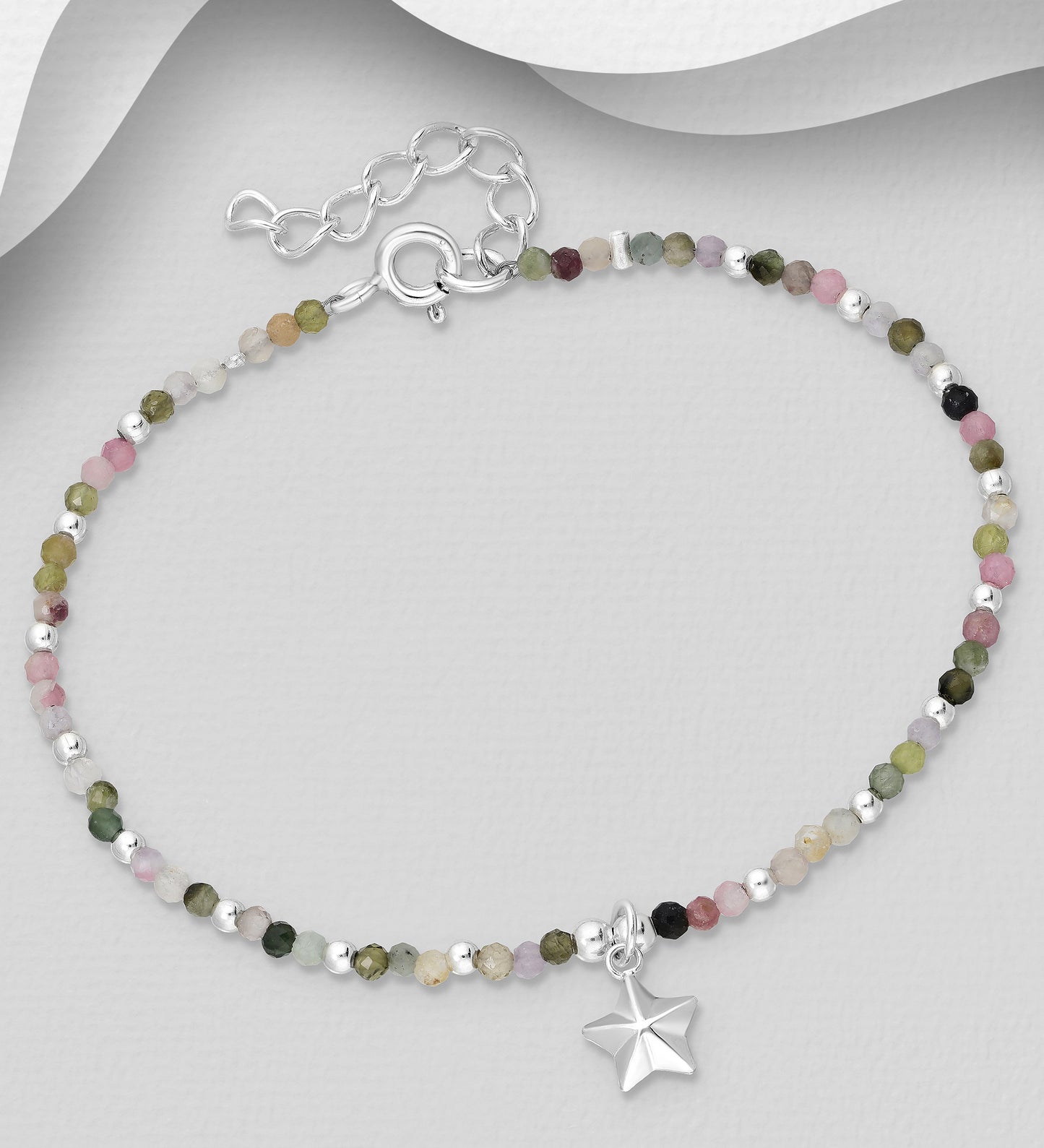 925 Sterling Silver Star Bracelet, Beaded with Tourmaline