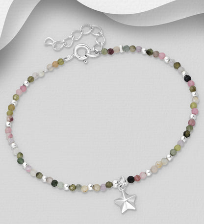 925 Sterling Silver Star Bracelet, Beaded with Tourmaline
