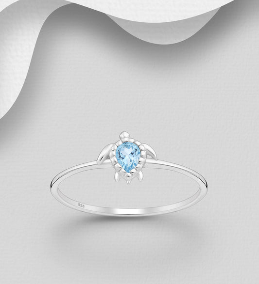 925 Sterling Silver Turtle Ring, Decorated with Swiss Blue Topaz (Sizes J to R)